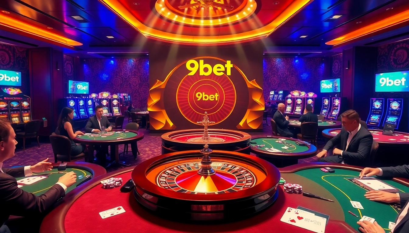 Players enjoying thrilling games at the luxurious 9Dbet casino, with vibrant roulette and poker tables.