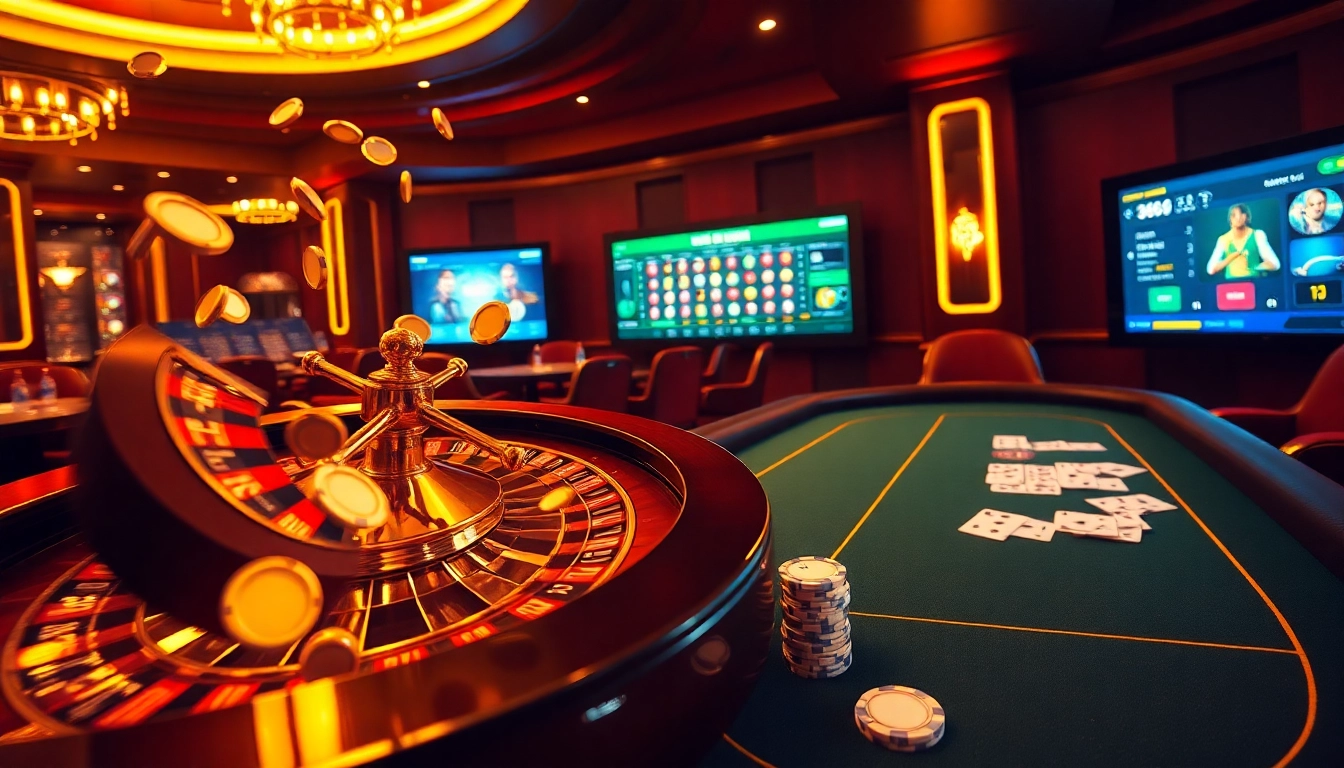 Exciting casino scene featuring https://888newco.com/ with roulette wheel and poker table.