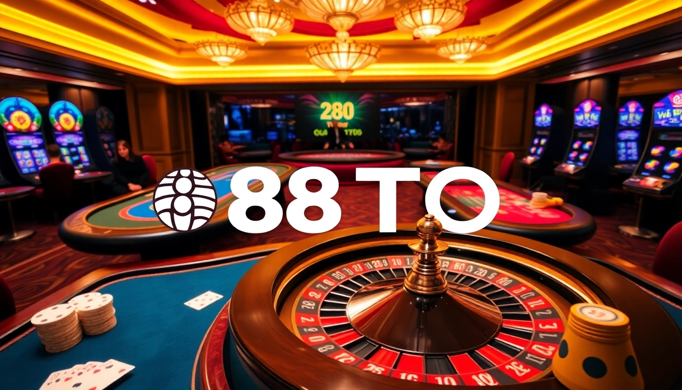 Experience thrilling online gaming with 888TO's vibrant casino setup featuring roulette, poker, and slot machines.