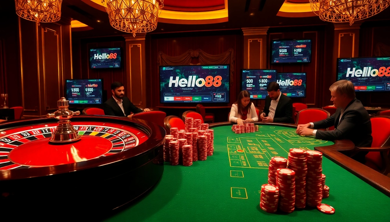 Hello88 casino players strategizing with poker chips at a luxurious table.