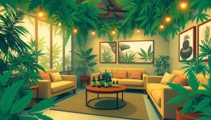A warm, inviting cannabis lounge demonstrating moonbarguy legal with stylish seating, lush plants, and legal CBD products.