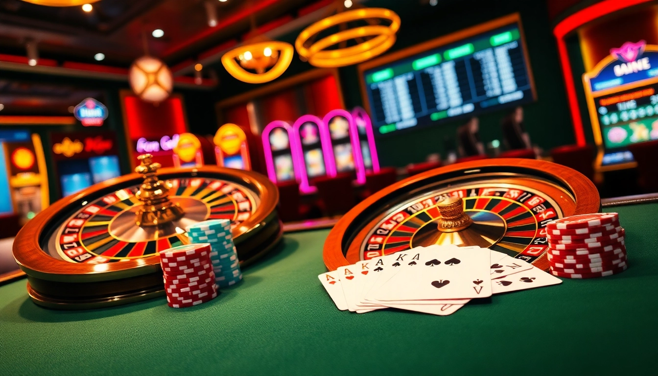 Players engaging with games at https://thabet.vegas/, surrounded by vibrant casino elements.