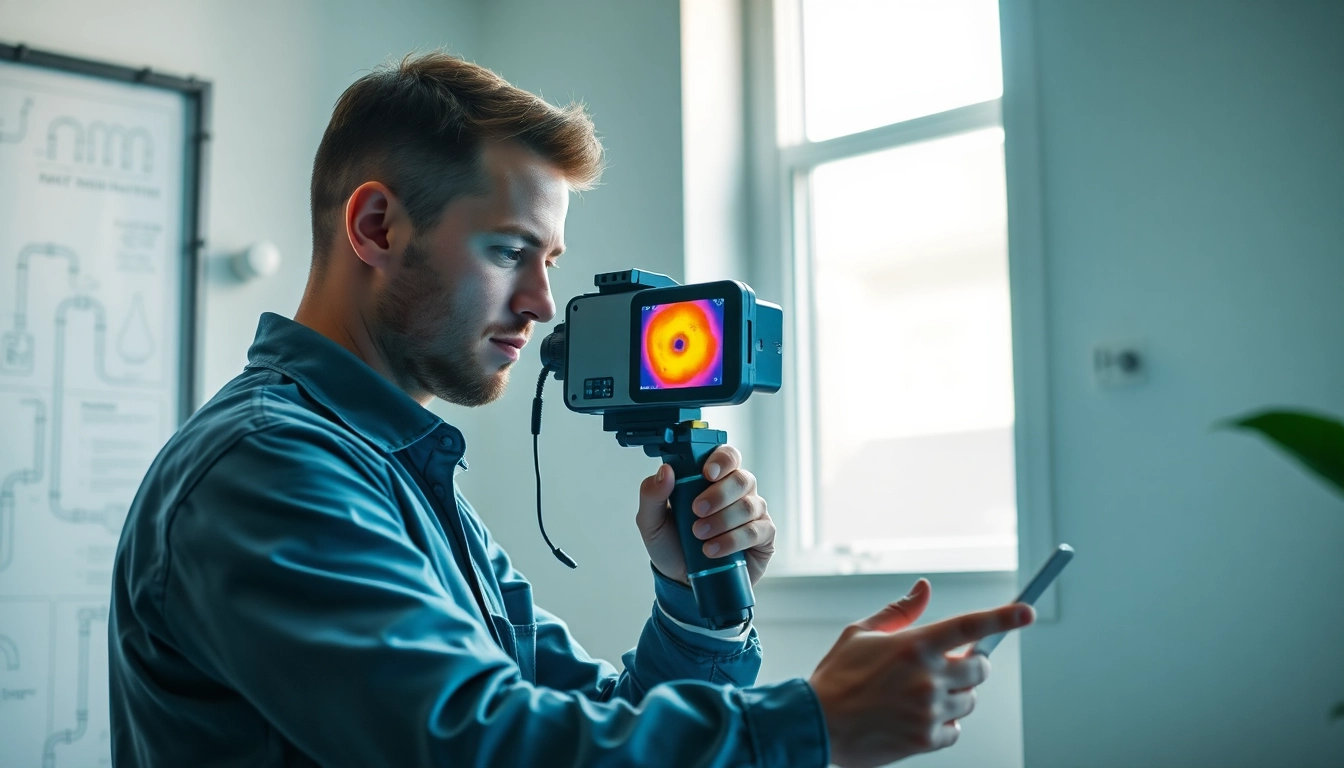 Professional leak detection technician using thermal imaging technology to identify leaks.
