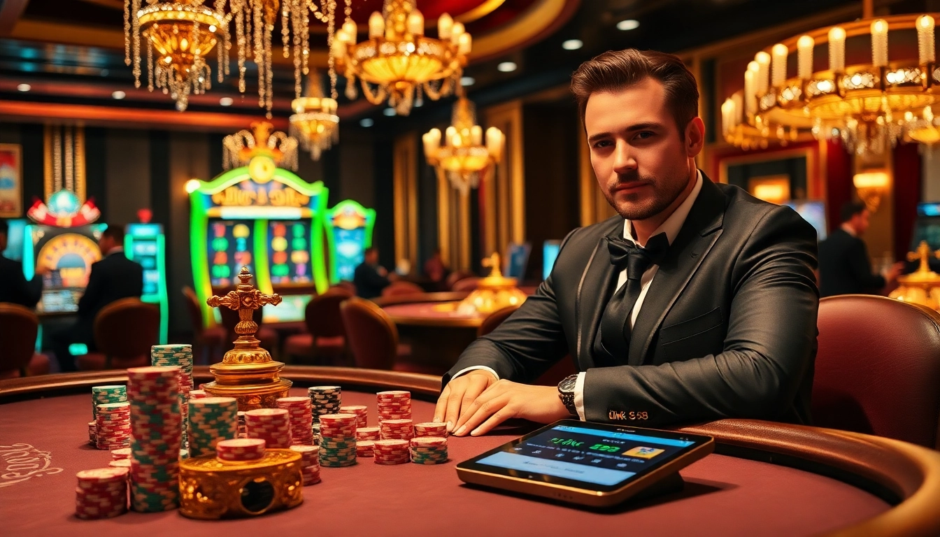 Experience thrilling gameplay at the casino with link s8 at a vibrant poker table, showcasing stacks of chips and roulette wheels.