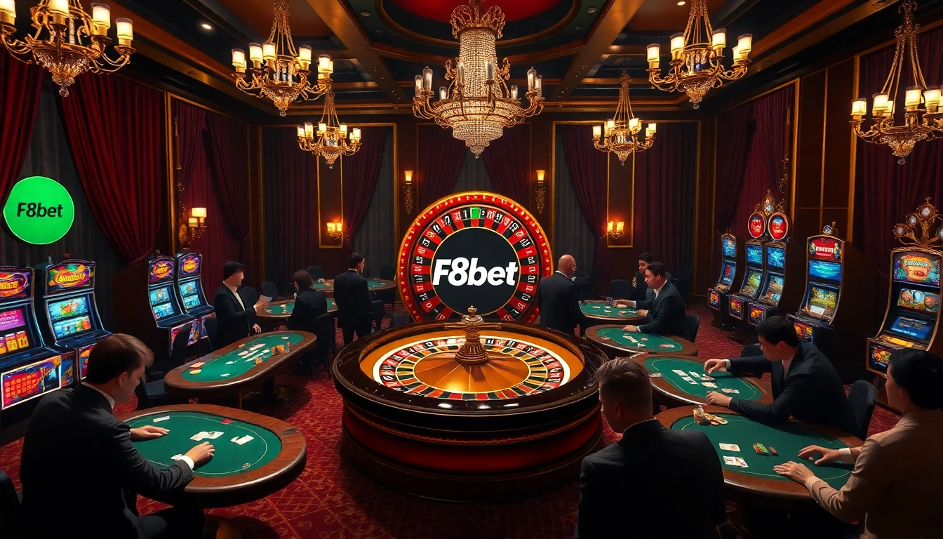Experience the excitement of F8bet at a luxurious casino environment featuring roulette and poker.