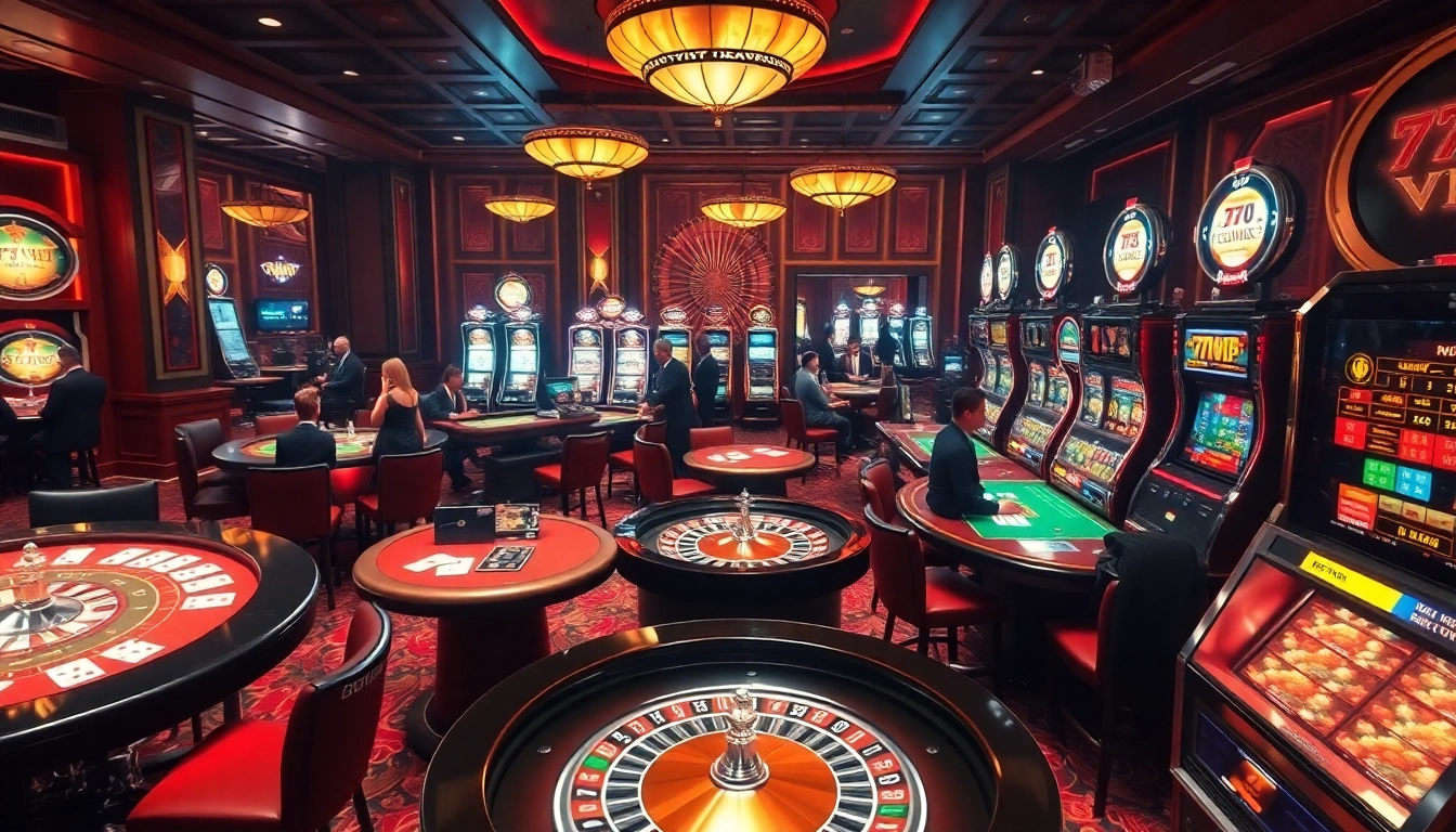Experience the thrill of 777VIP as players engage with vibrant slot machines and casino tables.