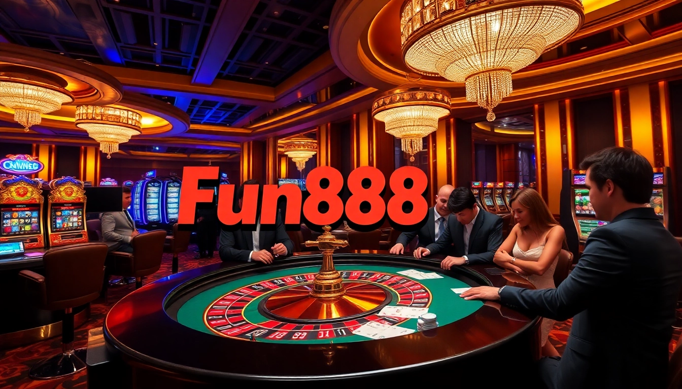 Engage with the dynamic Fun88 link at a luxurious casino featuring vibrant roulette tables and colorful slot machines.