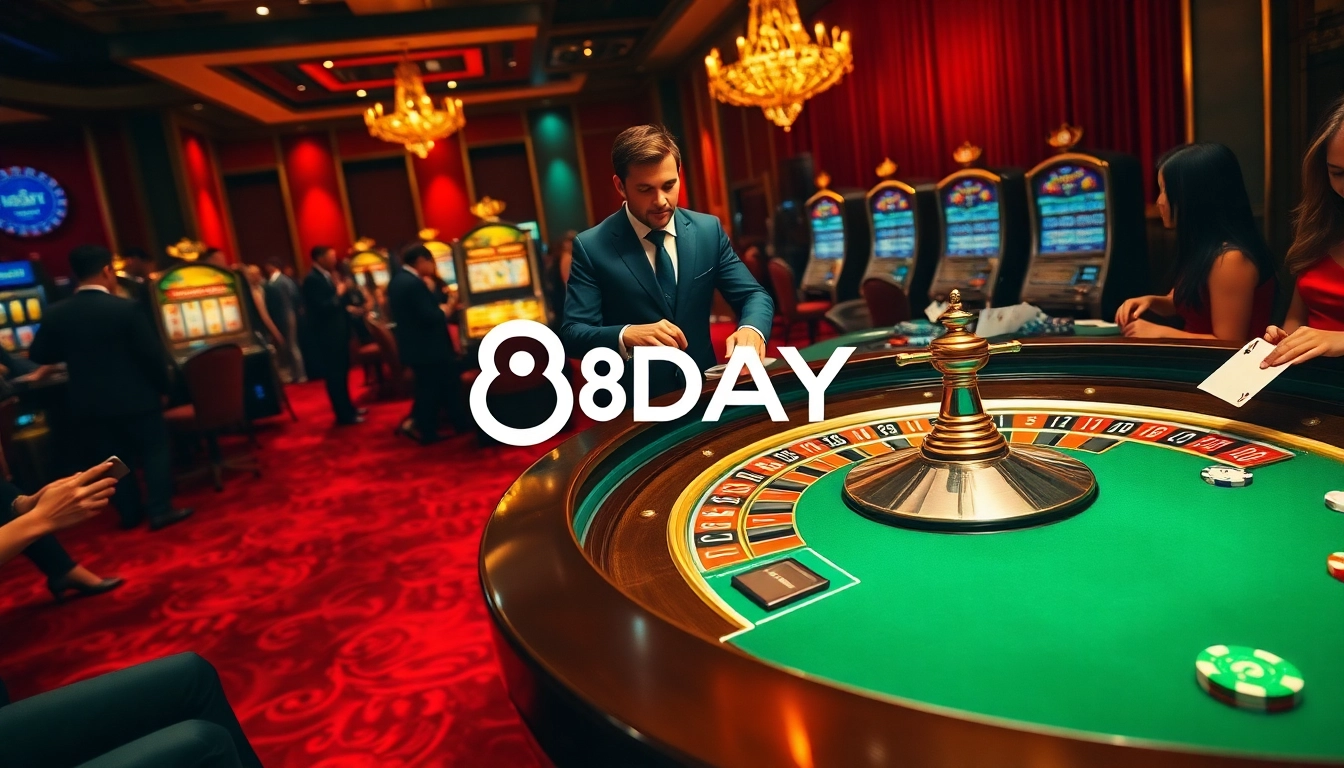 8DAY casino players excitedly betting at roulette with vibrant slot machines in the background.