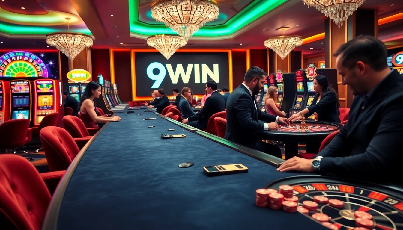 Experience high-stakes excitement at 9WIN with vibrant casino tables and slot machines.