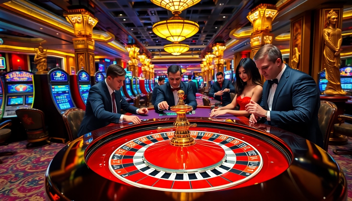 Engaged players enjoy a dynamic RAJABARONG casino experience at a roulette table.