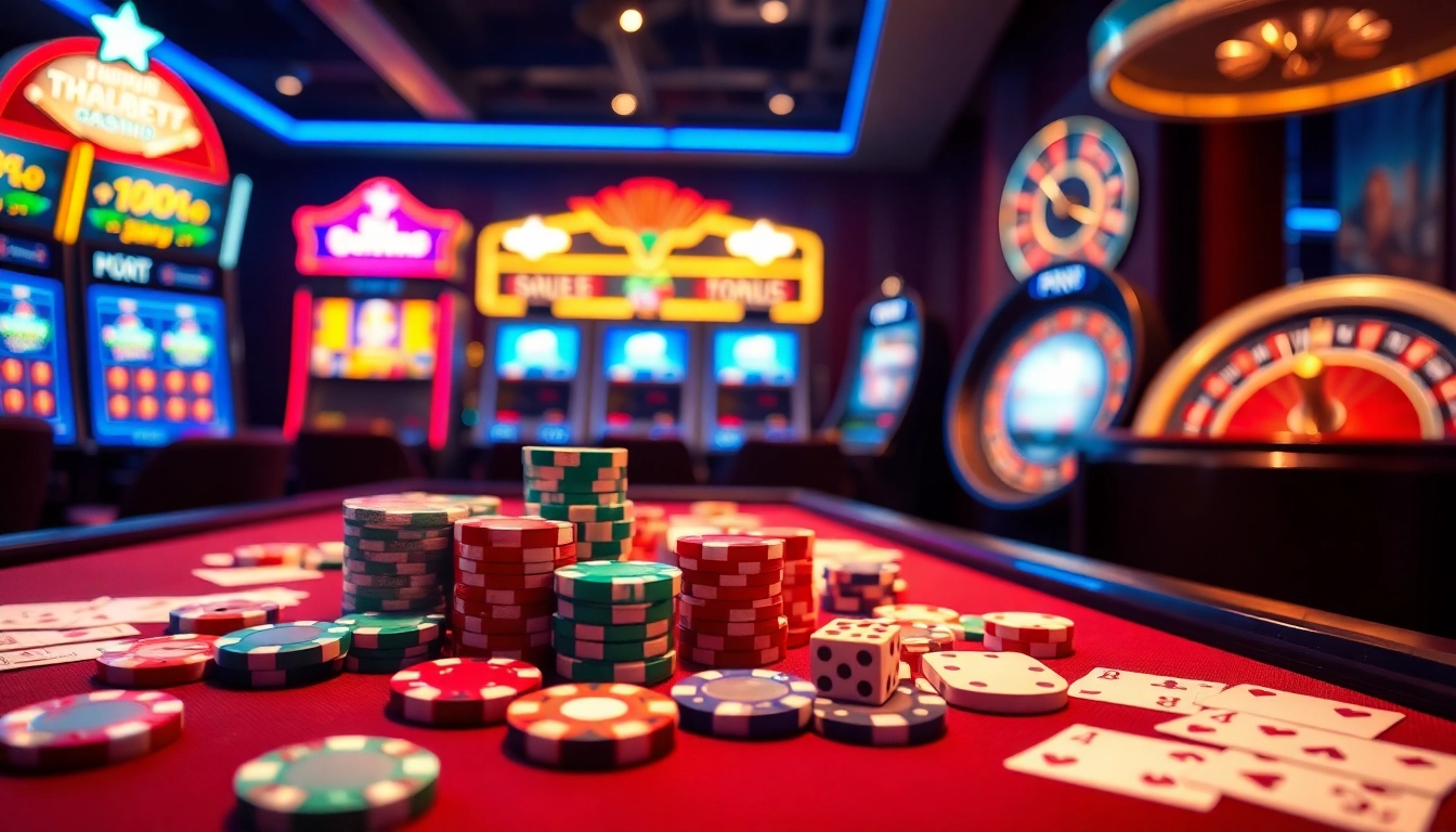 Experience the thrill of winning at https://thabet77.sa.com/ with vibrant casino elements, including poker chips and cards.