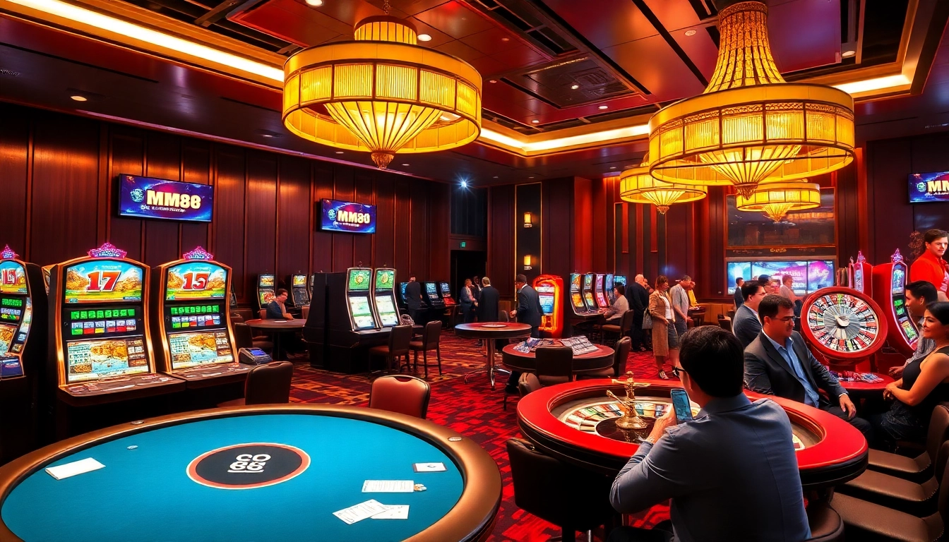Exciting MM88 casino scene with vibrant gaming elements like poker tables and slot machines.