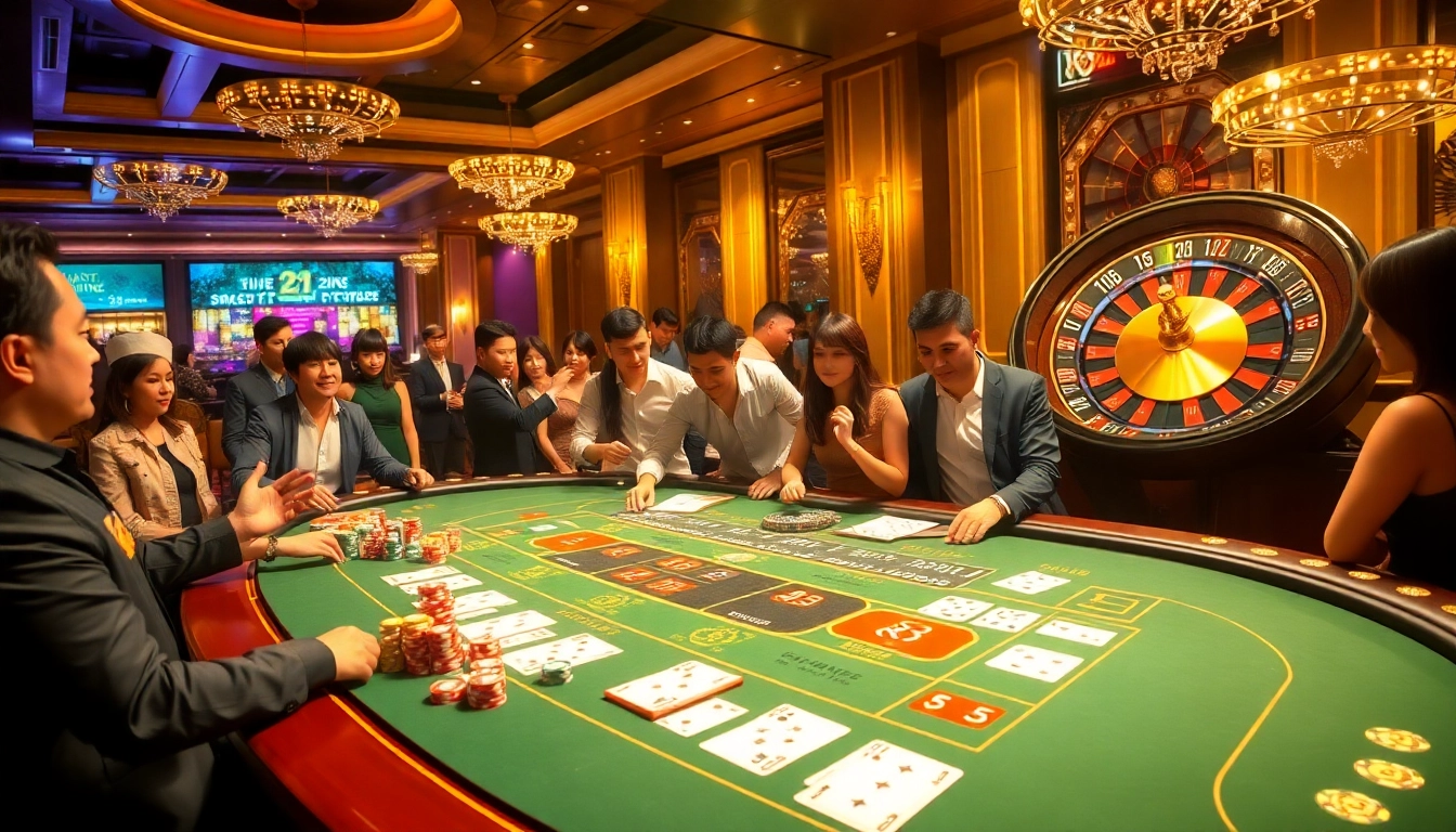 Engaging casino scene at jun88.com showcasing players around a vibrant blackjack table with colorful chips and cards.