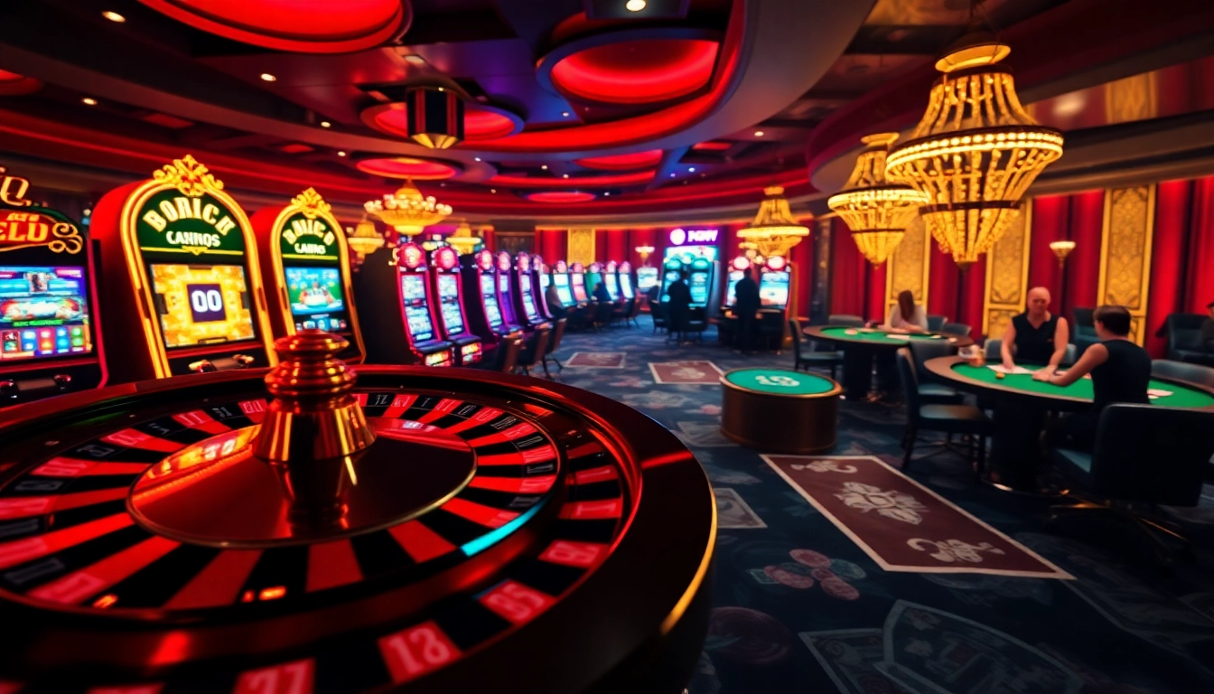 Experience the thrill of JOGOLUCK with vibrant casino scenes showcasing roulette, poker, and slots.