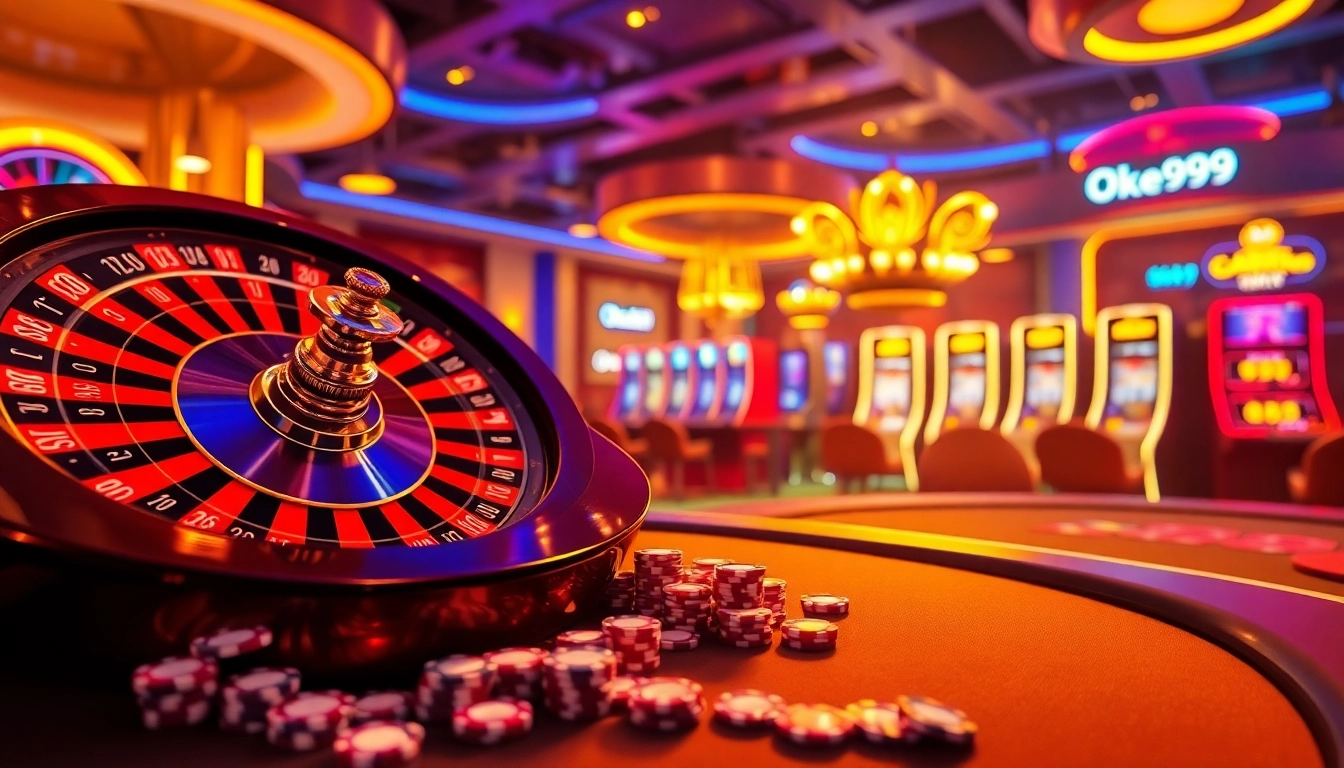 Experience the thrill of Oke99 with vibrant casino visuals featuring roulette wheels and poker chips.