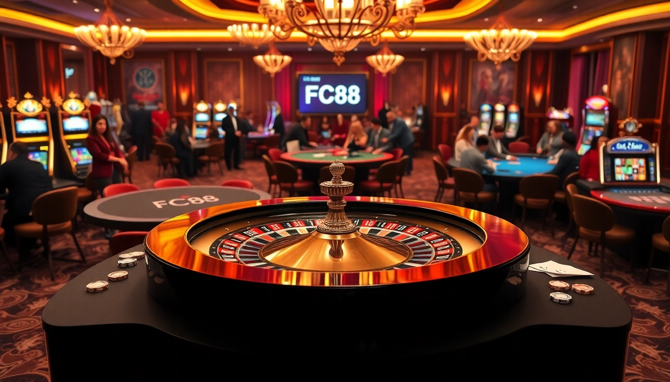 Engage in the exciting world of online gambling with FC88 at a luxurious casino setting.