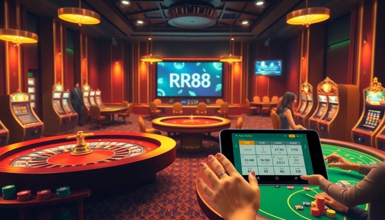 Experience the thrill of RR88 Auction with vibrant gambling tables and elegant gaming elements.