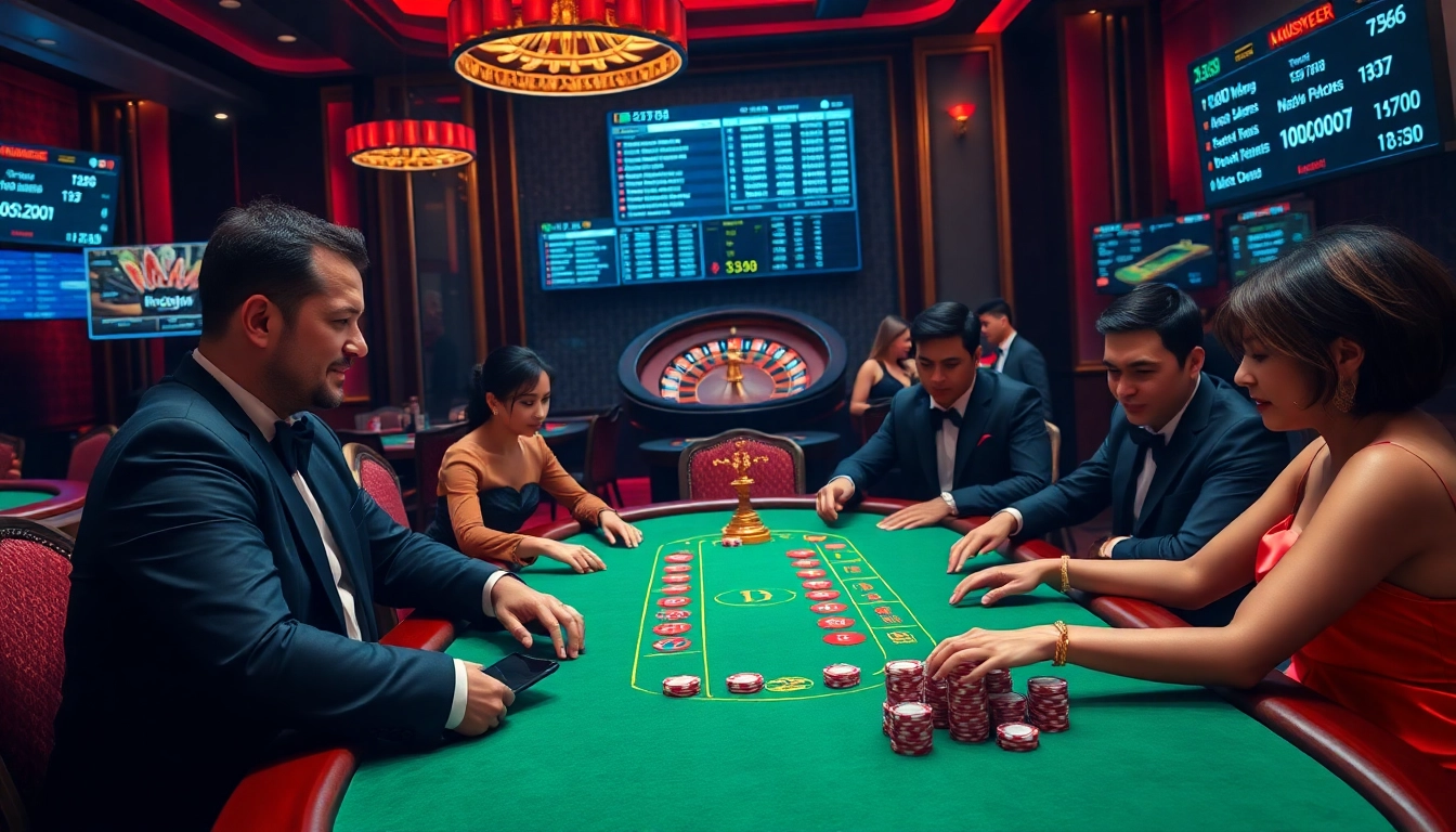 Gambling action at RR88 casino table showcasing poker players in an elegant setting.