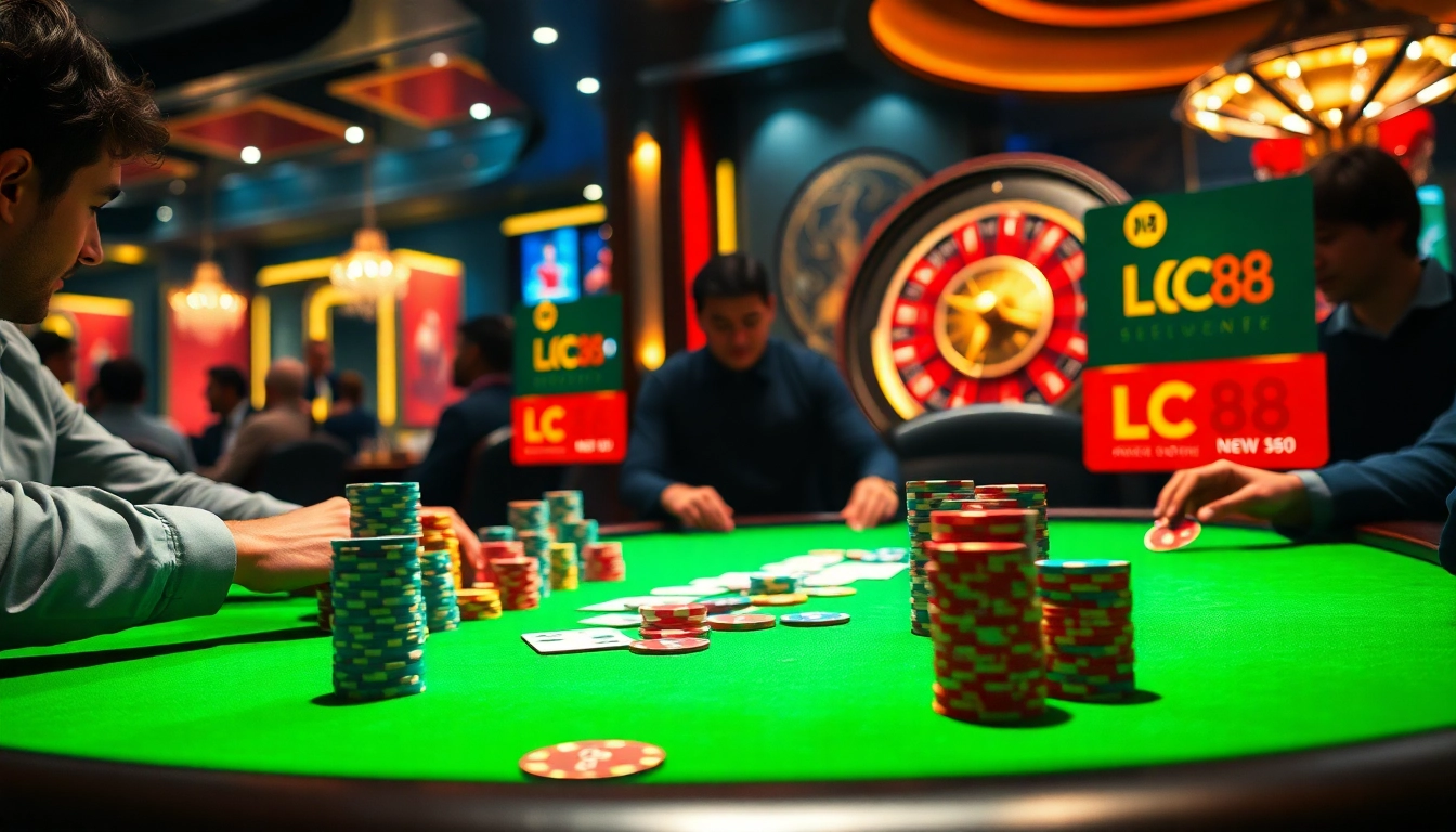 Players engaging in an intense poker game at Lc 88 casino, showcasing vibrant chips and cards.