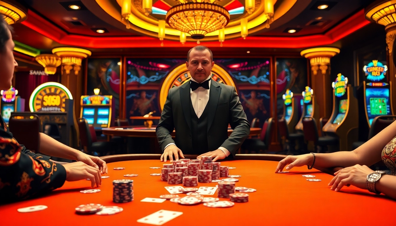 Experience the thrill of King88 poker as players engage around an elegant casino table.