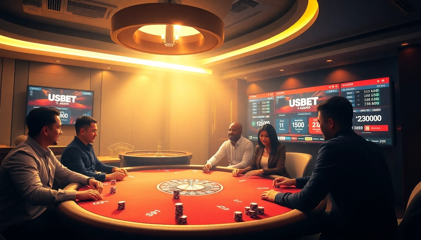 Gamblers enjoying a vibrant USBET online casino experience at a poker table.