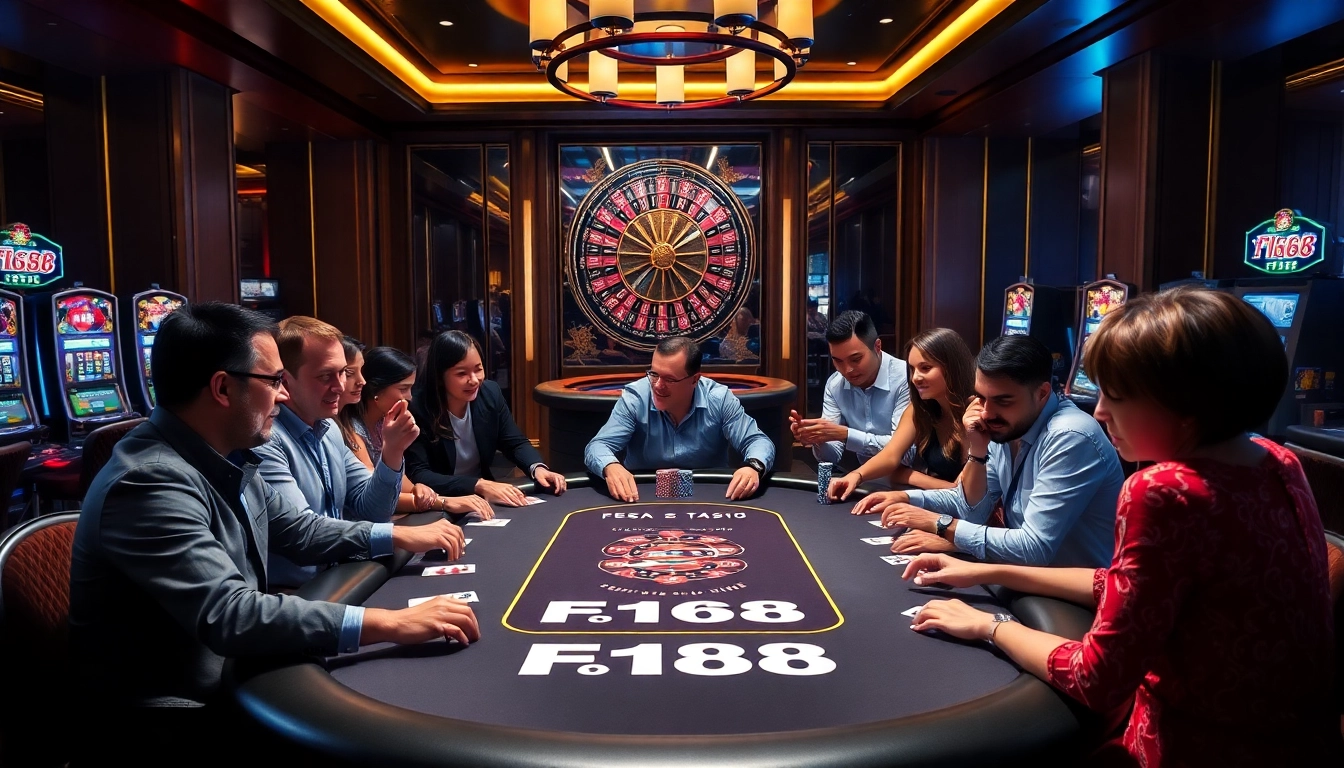 Experience the excitement of F168 at a vibrant poker game table with glowing chips.