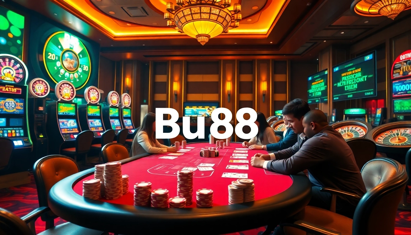 Experience the excitement of Bu88 at a luxurious poker table in a vibrant casino setting.