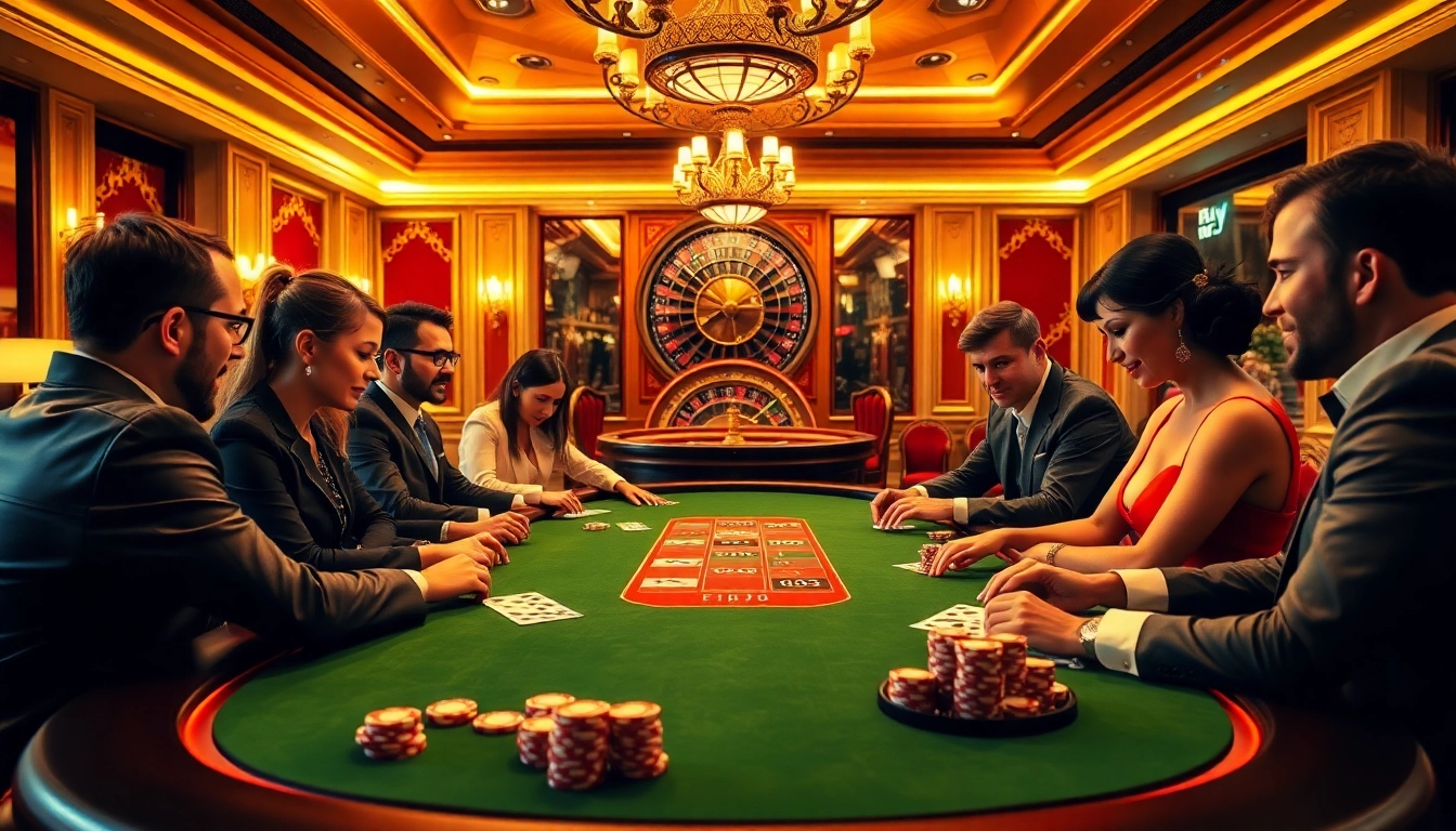 Players engaging in a high-stakes game at F168's luxurious casino table with vibrant poker chips.