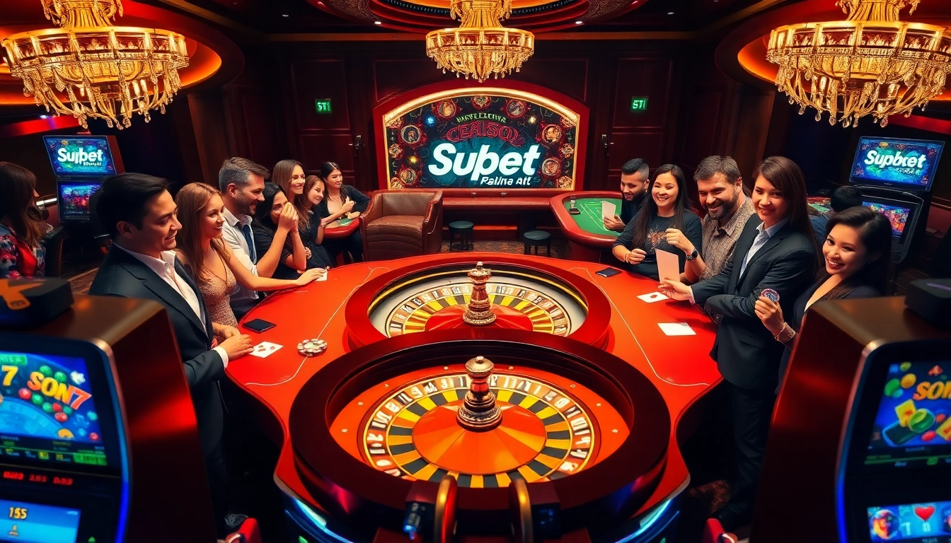 Superbet gamblers engaging with roulette and vibrant slot machines in a luxurious casino setting.