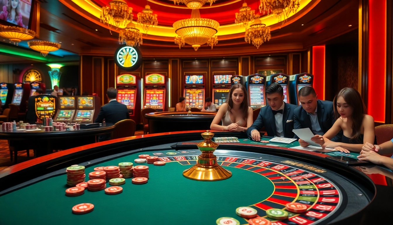 Experience the excitement of 888b with vibrant casino tables, chips, and lively players.
