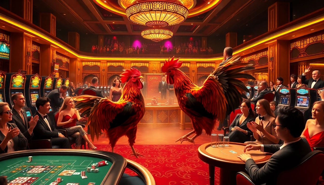 Experience the excitement of đá gà 8kbet in this luxurious casino scene featuring vibrant spectators and competitive roosters.