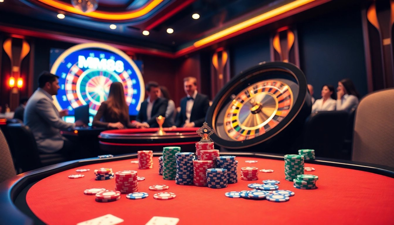 Experience the excitement of MM88 HOW in a vibrant casino scene with players engaged at gaming tables.