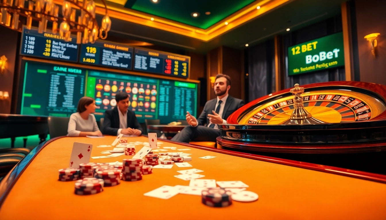 Exciting poker chips and cards showcase 12bet's engaging online gambling atmosphere.