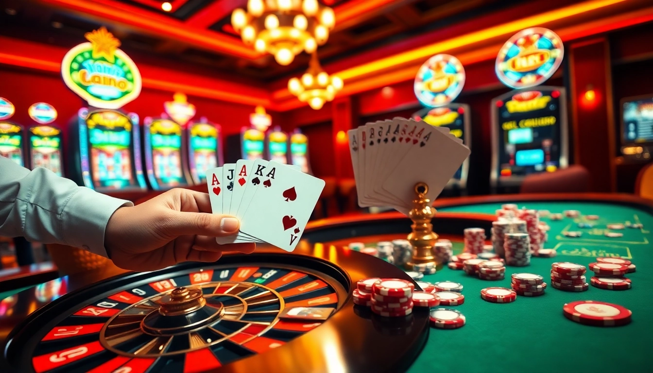 Join the excitement at lucky88vi.net with a vibrant casino scene featuring roulette and poker.