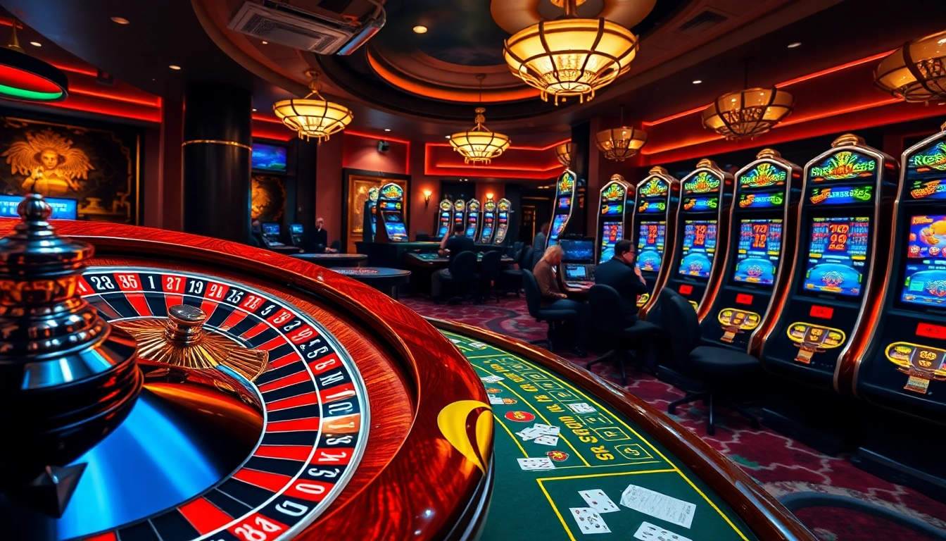 Exciting casino scene with players at a roulette wheel and blackjack table, representing 22bet.style gaming.