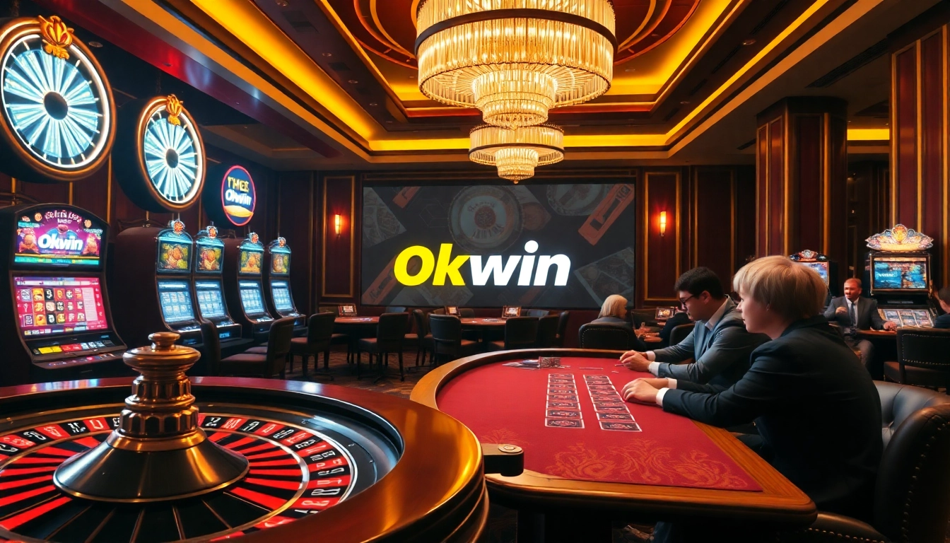 Okwin players enjoying a vibrant casino experience with roulette, poker, and slots.