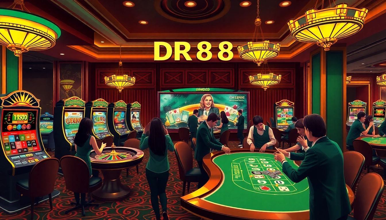 Experience thrilling DR88 gameplay with vibrant slot machines and a roulette wheel.