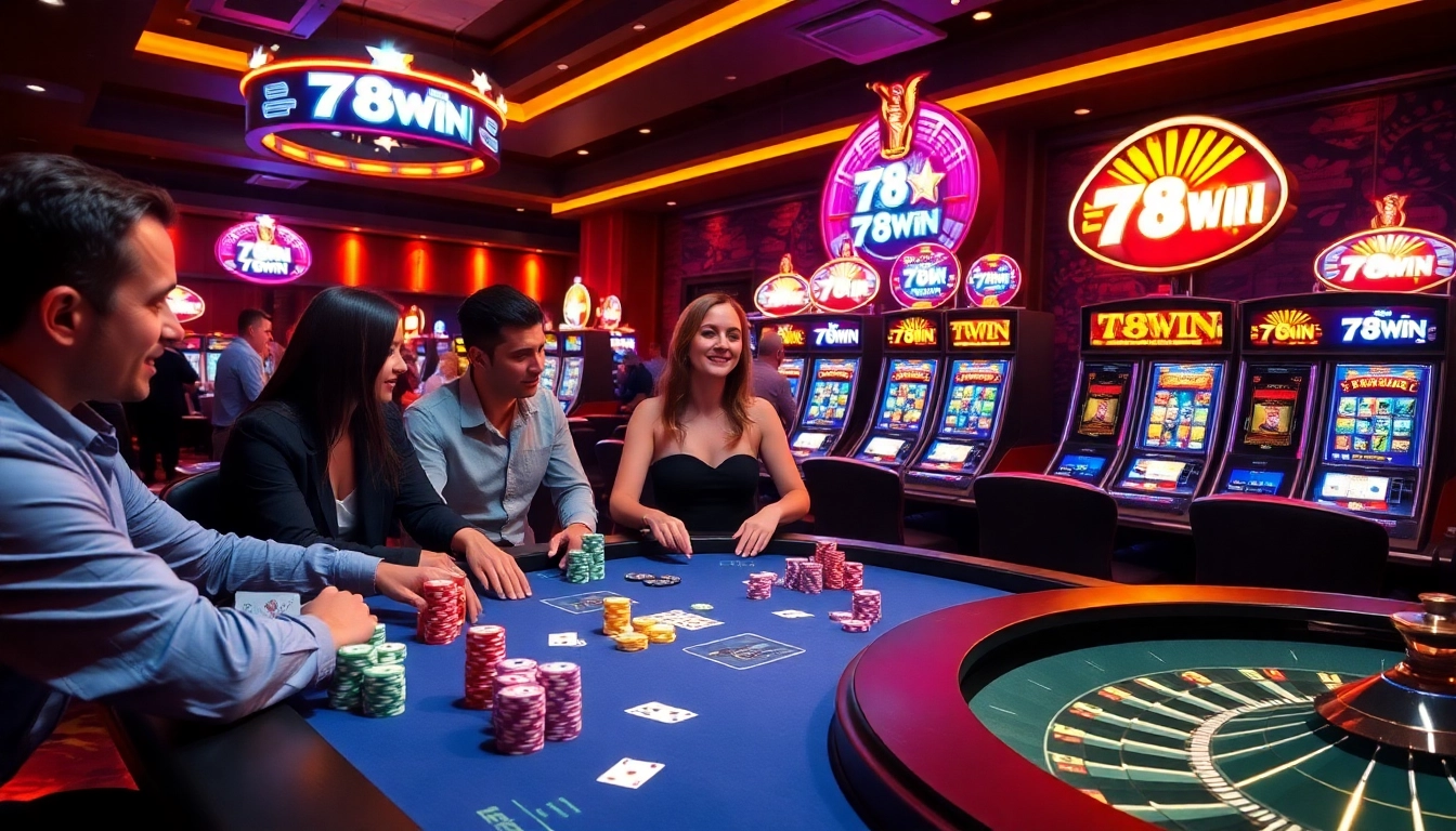 A dynamic casino scene featuring players at 78WIN poker and engaging with vibrant slot machines.