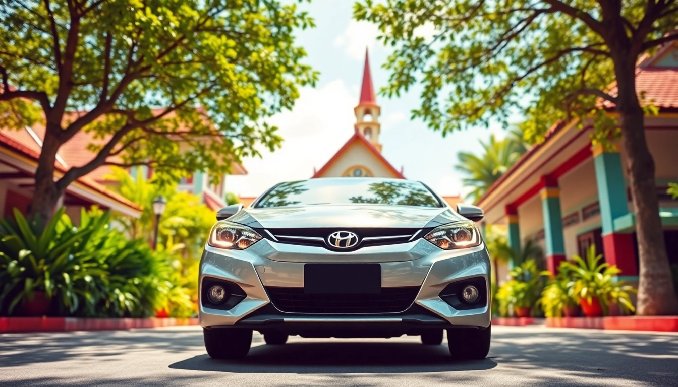 Kuching rent a car in front of a local landmark, showcasing vibrant travel adventures in Malaysia.