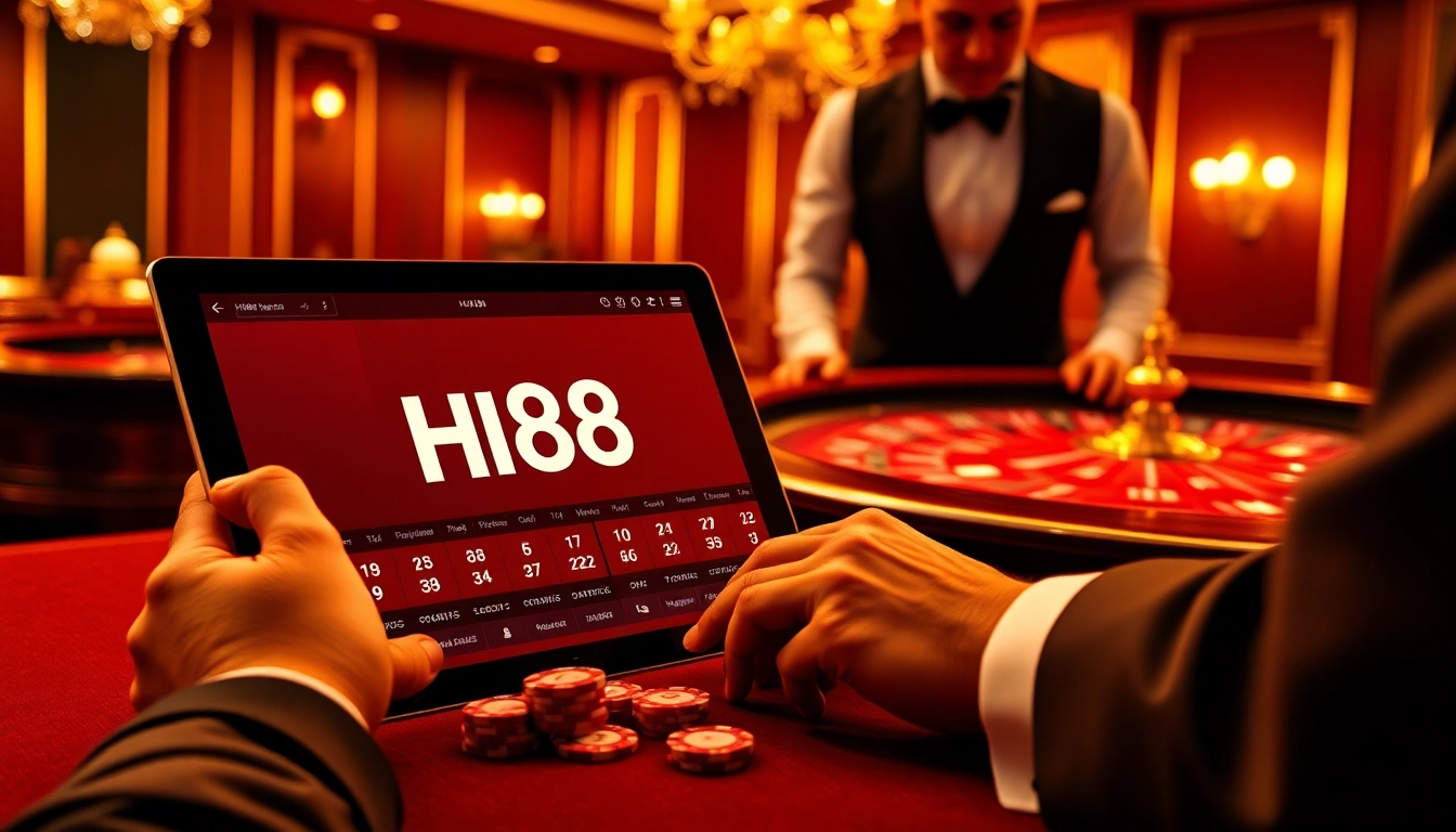Excited players engaging at Hi88 casino with cards and chips on a vibrant table.