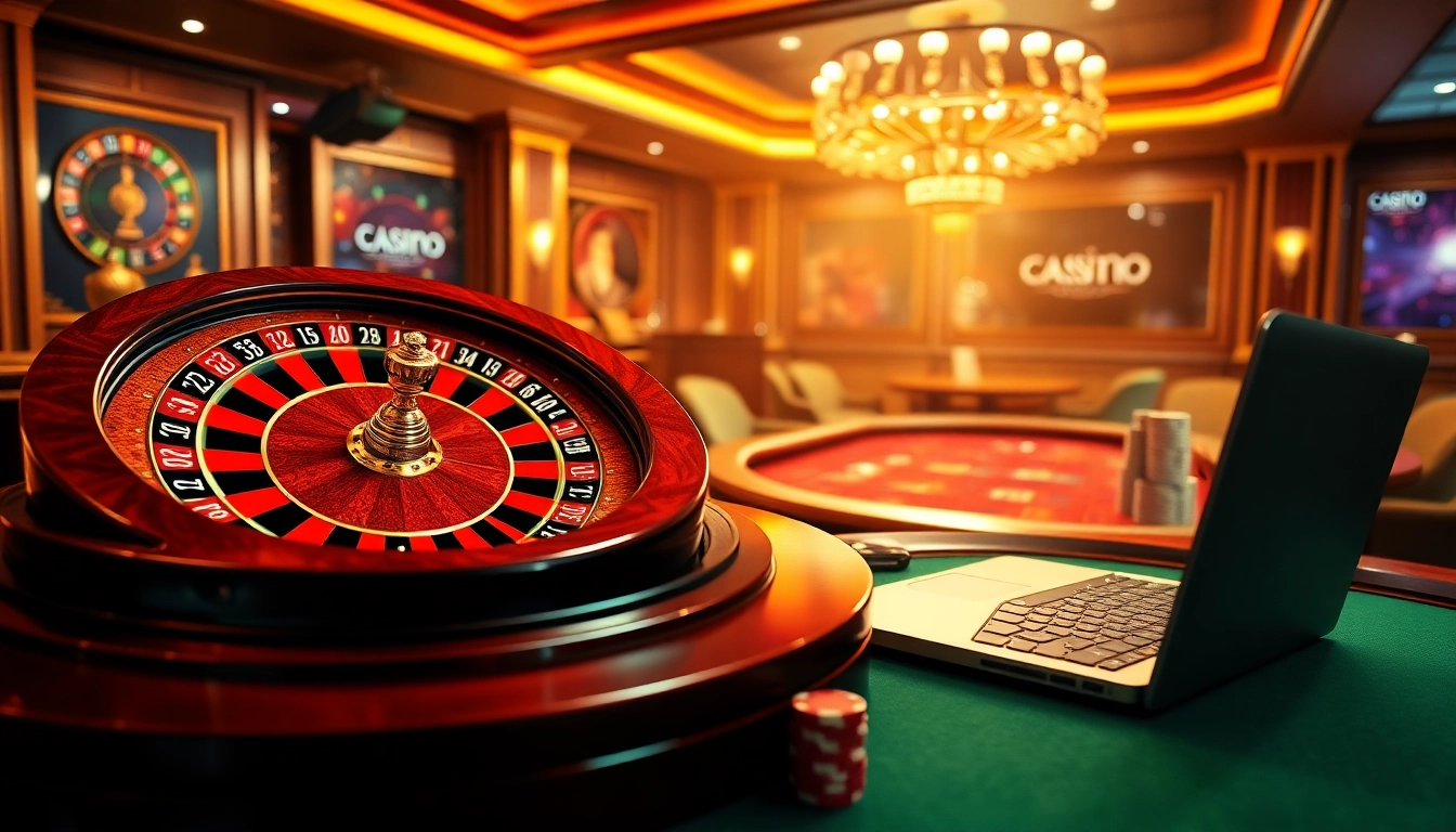 A lively casino scene showcasing roulette, poker chips, and gaming tables, representing m88zo.com online gaming excitement.