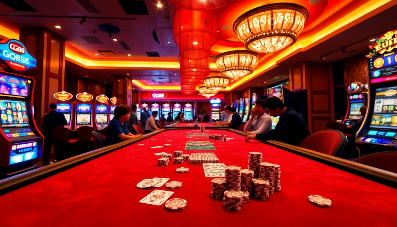 Win big at GG88 with an engaging casino table featuring vibrant chips and cards.