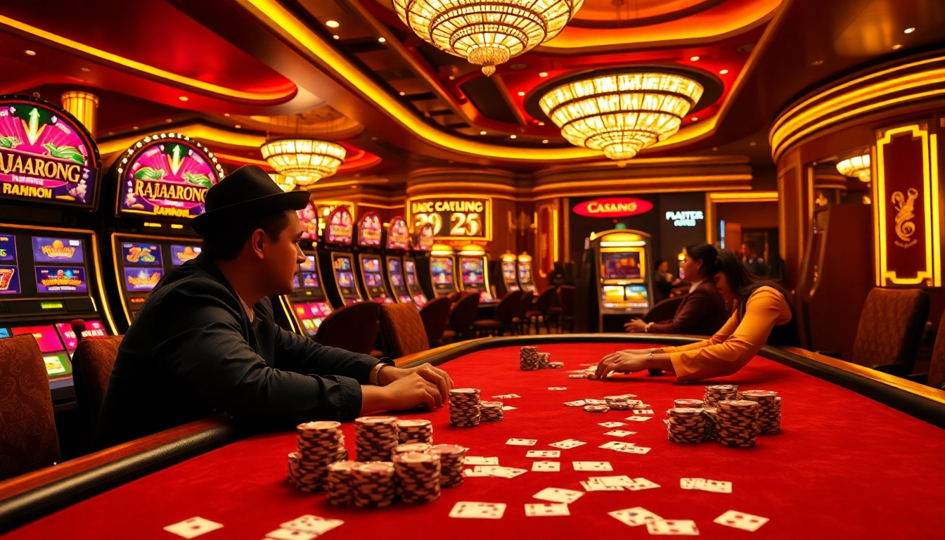 Experience the thrill of RAJABARONG with vibrant casino visuals showcasing poker chips and cards.