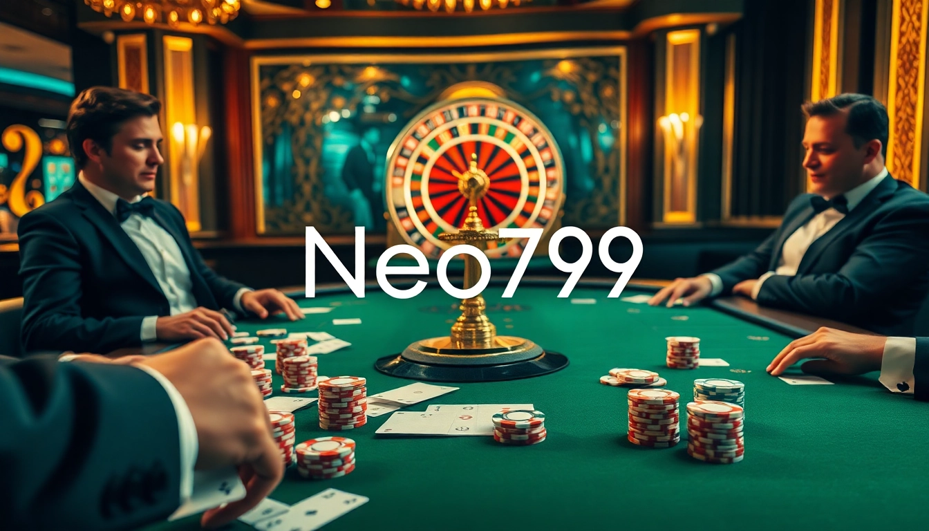 Players engaging in a thrilling Neo79 casino experience with poker chips and a roulette wheel.