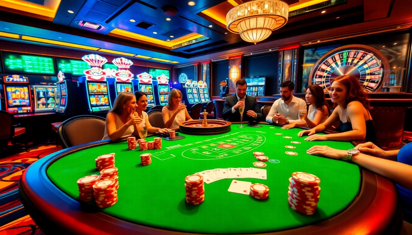 Players enjoying an exciting game at 789F casino, featuring poker chips and slot machines.