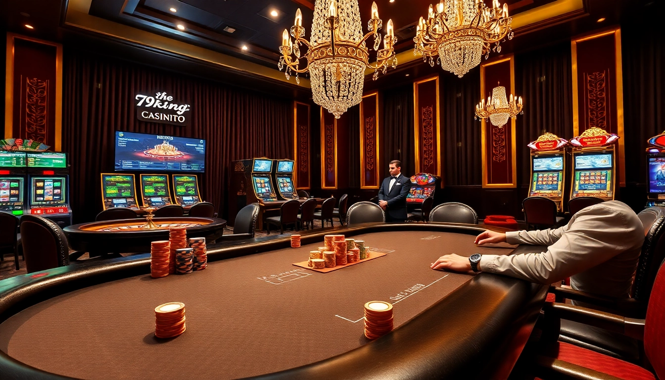 Exciting poker game scene at 79king casino with vibrant poker chips and roulette wheel.