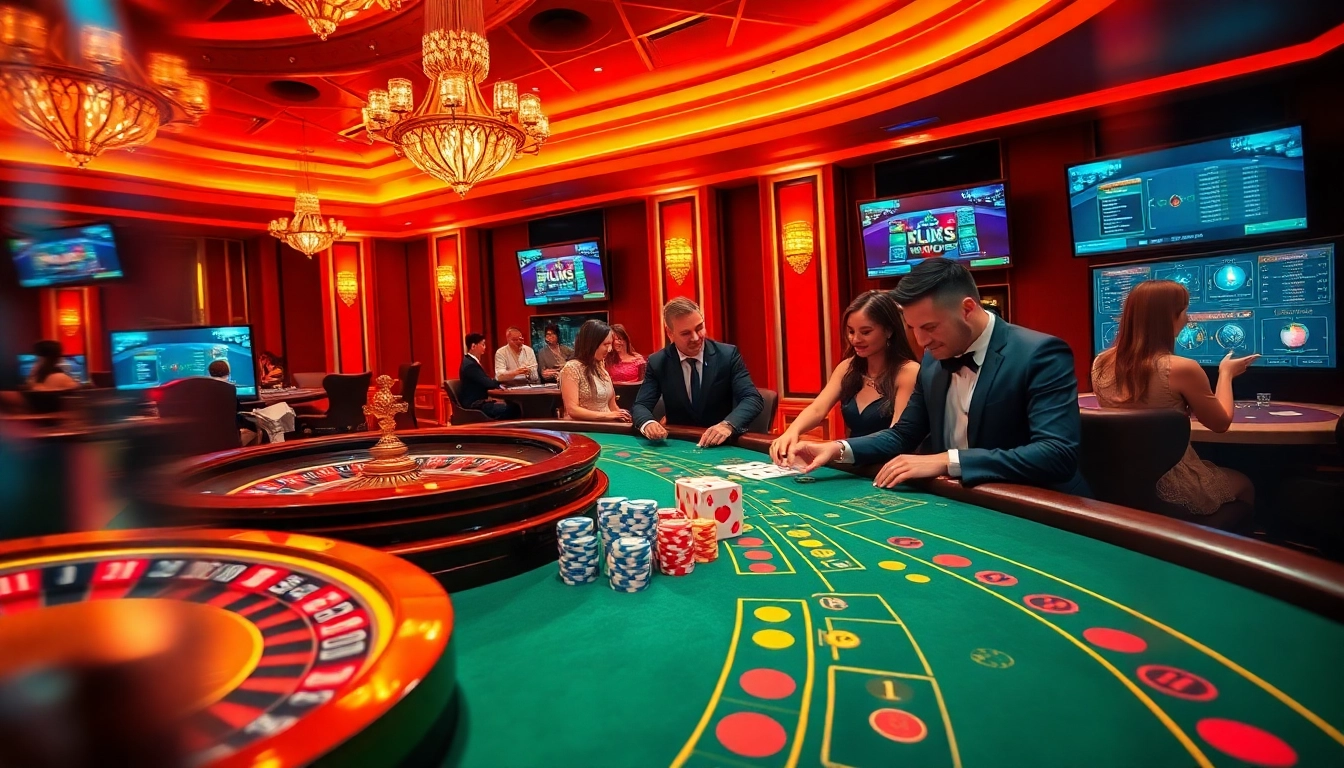 Experience the thrill of gaming at OKFUN com with vibrant casino visuals and players engaged in intense gameplay.
