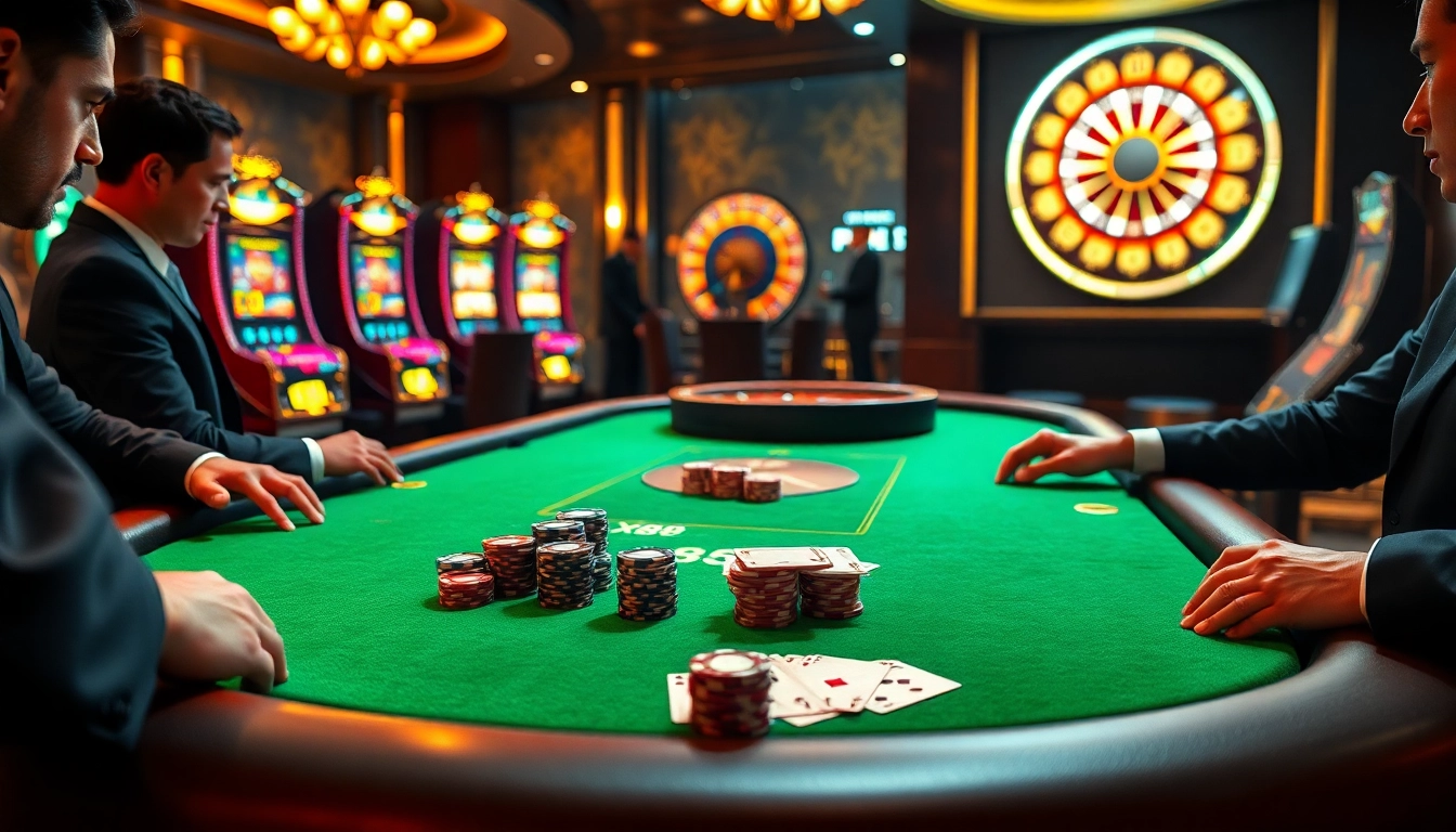 Players enjoying an exhilarating poker game at XX88, surrounded by vibrant slot machines.