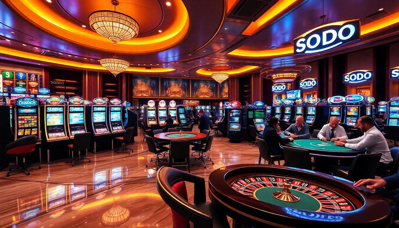 SODO casino scene featuring vibrant gaming tables and players engaged in poker.
