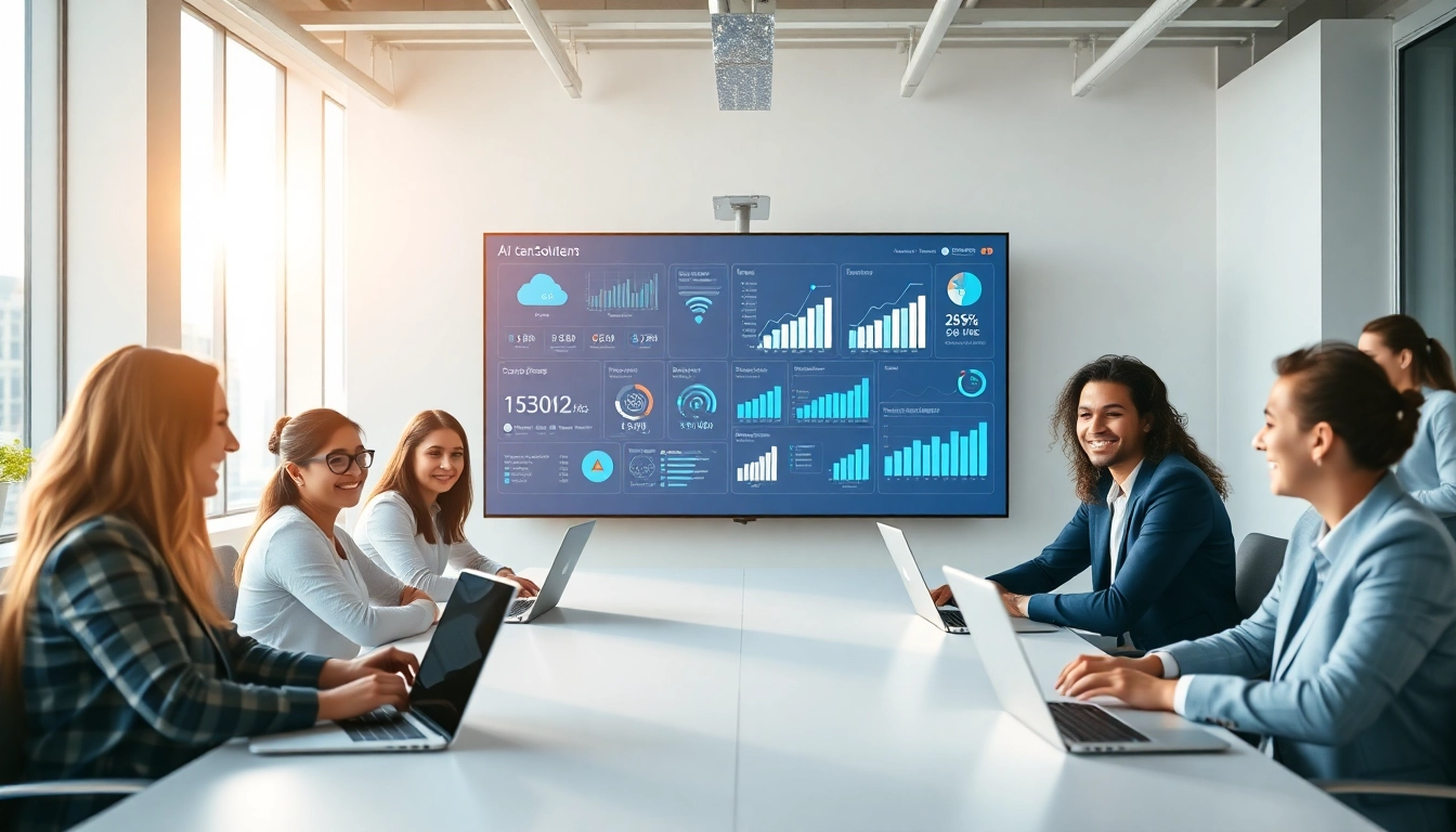 在现代办公室环境中，专业人士讨论数据，探索美洽官网的AI客服解决方案。